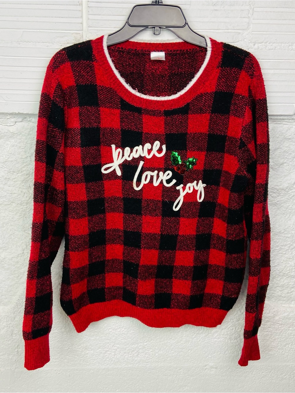 Holiday Time Red & Black Buffalo Plaid peace love joy Christmas Crewneck Sweater